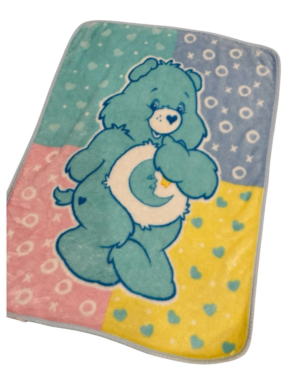 🐻💙VTG Care Bears Bedtime Bear Pink Yellow & Blue Print Plush Baby Throw Blanket